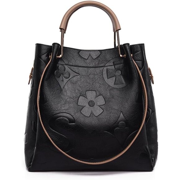 Handbags - Women’s Faux Leather Bucket Bag Floral Embossed Tote Multiple Ways